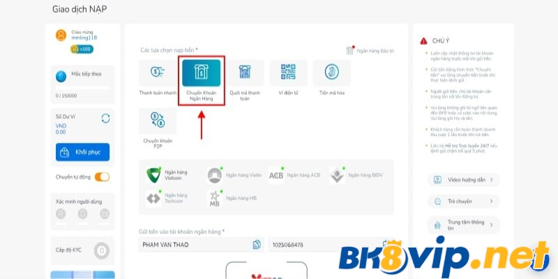 Các bước nạp tiền BK8 bằng chuyển khoản ngân hàng